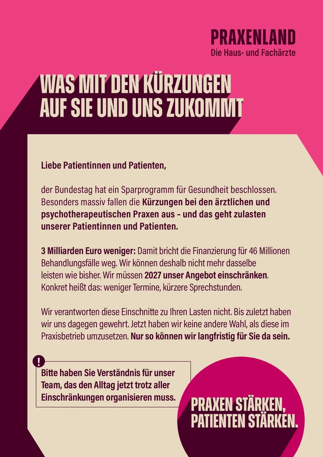 Plakat der Kassenärztlichen Bundesvereinigung: Was mit den Kürzungen auf Sie und uns zukommt